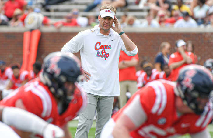 Coach Lane Kiffin watches Ole Miss Grove Bowl at Vaught-Hemingway Stadium.